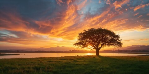 Fototapeta premium Dramatic sunrise casting shadows over a tree silhouette in a natural landscape, seasonal change