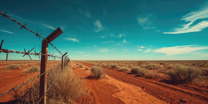 Barbed wire fencing in remote desert environment serving as land enclosure, highlighting erosion risk