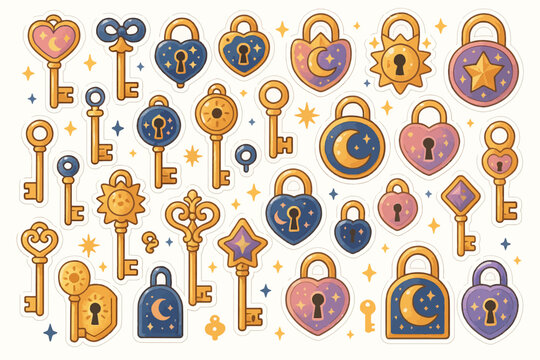 Colorful celestial lock and key stickers with stars and moons