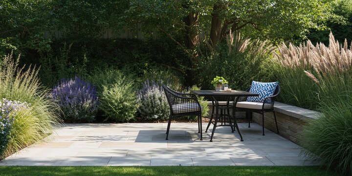 An outdoor garden area with flagstone patio and furniture, seasonal landscape features