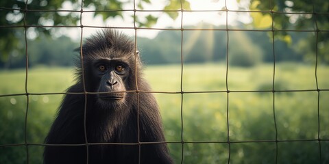 Crested black macaque observing from behind a wire fence in a grassy habitat, highlighting wildlife management and habitat conservation