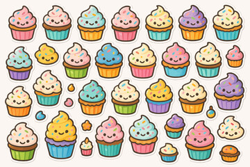 Colorful cartoon cupcake stickers with smiling faces and pastel toppings