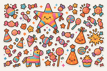Colorful cartoon candy and celebration stickers with stars and cupcakes