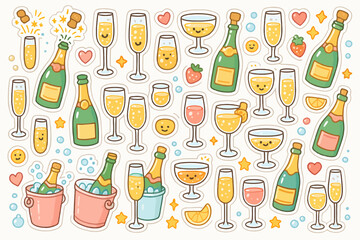 Colorful pattern of champagne and wine glasses with bubbly bottles and emojis