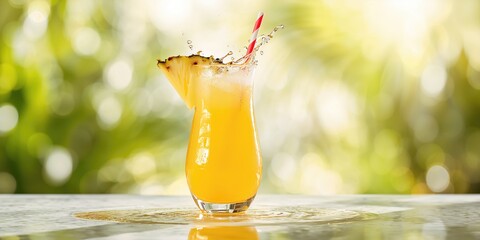 A glass of pineapple juice with fresh fruit slices, ideal for a refreshing beverage, World Food Day