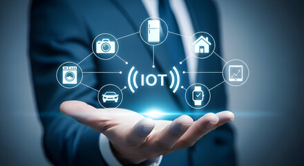 Businessman presents the concept of the internet of things connecting various smart devices like cars appliances cameras and wearables through digital technology