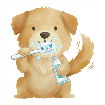 Cute watercolor dog brushing teeth vector on white background
