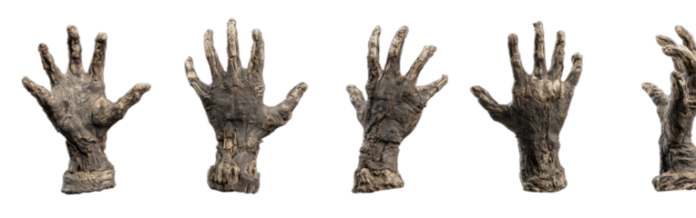 Five textured, stone-like hands, presented from different angles on a black background