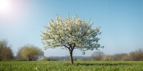 Young pear tree of the Abbot variety in bloom during spring, with white flowers and fresh leaves, seasonal growth