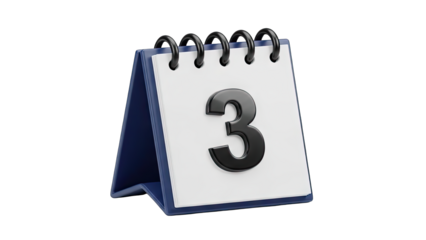 Desktop Calendar With A Blue Base Displaying The Number Three On A White Page With A Spiral Binding And A Transparent Background