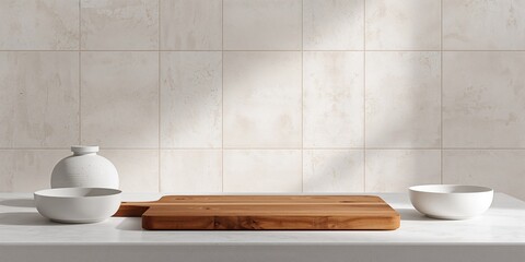 Cutting board and kitchenware set up for meal prep, efficiency in food preparation processes