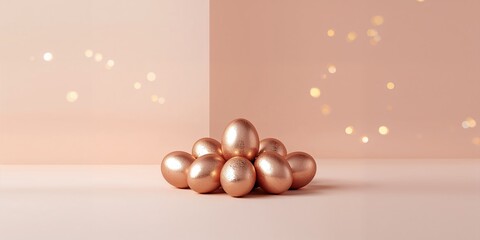 Easter scene with painted eggs in rose gold, seasonal holiday celebration