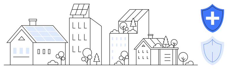 Renewable energy, urban sustainability, eco-conscious housing, environmental health, green technology, solar power. Cityscape houses with solar panels and shield icons. Renewable energy and urban
