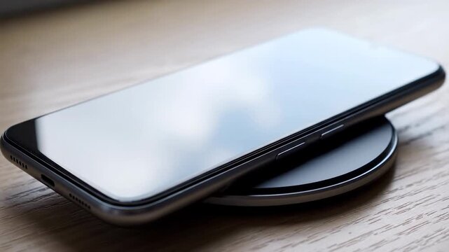 Close-up of a sleek smartphone resting on a round wireless charger on a light wooden desk. In focus