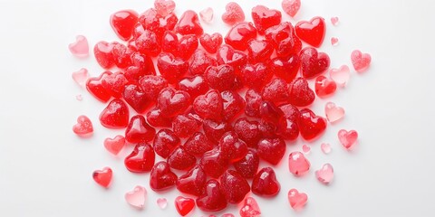 Close-up of colorful heart-shaped jelly candies arranged on a surface, highlighting processed sugar levels, World Sweets Day