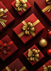 Brightly colored red gifts adorned with shiny gold bows are arranged creatively against a rich background, evoking joyous holiday cheer and excitement.
