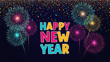 Happy New Year text with colorful fireworks and confetti
