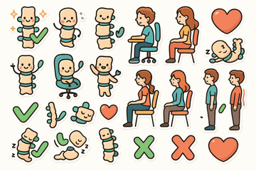 Cartoon illustrations of spine health and posture tips in various activities