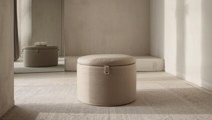 Living room setup featuring a simple storage pouffe with practical storage capacity