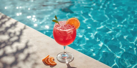Fruit juice cocktail with ice in a glass by a swimming pool, highlighting summer leisure and tropical vibe