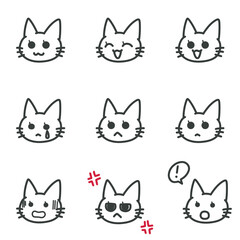 Fototapeta premium シンプルな線画の猫のイラストセット、喜怒哀楽の基本表情アイコン
