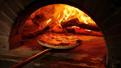 Wood-fired pizza preparation with a shovel, highlighting artisanal cooking methods