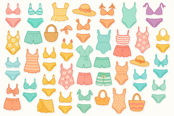 Colorful collection of summer swimwear and accessories
