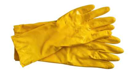 A pair of bright yellow rubber cleaning gloves, isolated on a black background