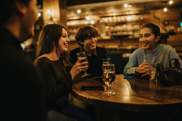 A group of friends sits around a round wooden table in a warmly lit bar, sharing drinks and conversation. Casual, friendly vibes capture a lively nighttime social moment.
