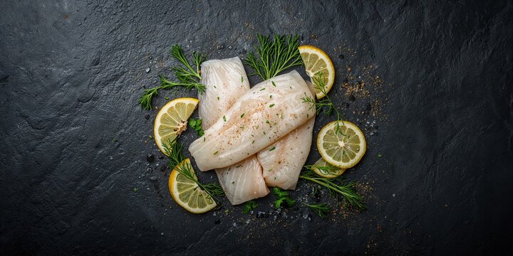 Fresh cod fillets with herbs and lemon slices arranged on a black stone surface, natural preservation techniques