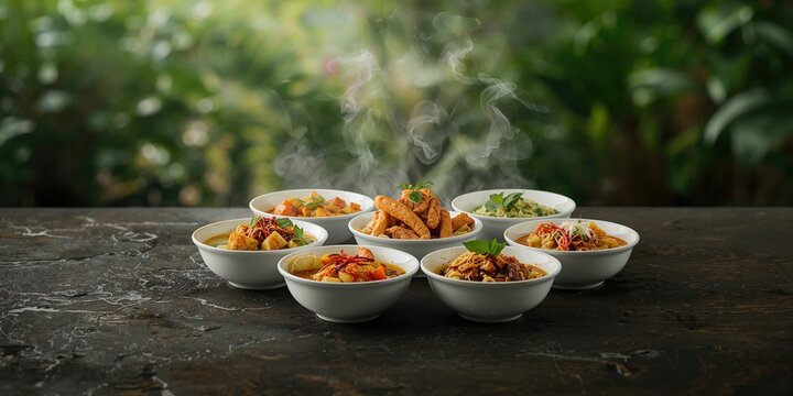 Thai dishes in white ceramic bowls northern flavors and herbal infusion, culinary heritage preservation day - Powered by Adobe