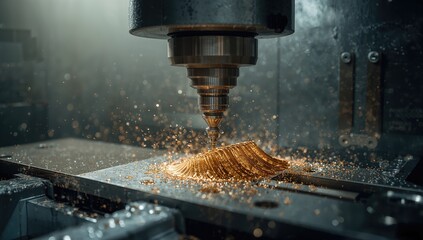 Close-up of a machining center shaping mold parts using solid ball tools and oil coolant, focusing on precision manufacturing