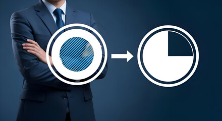 Businessman illustrates data transformation from complex analysis to simplified quarter representation with an arrow indicating progress against a dark blue background