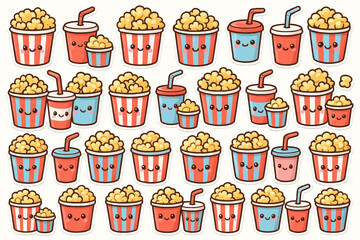 Cute cartoon popcorn and soda pattern with smiling faces