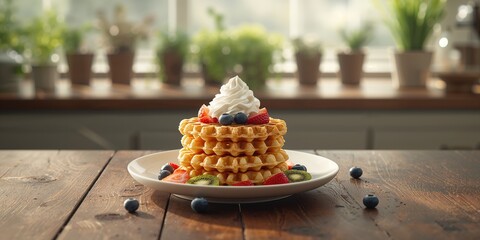 Croffle topped with assorted fruits and cream, emphasizing indulgent pastry treats
