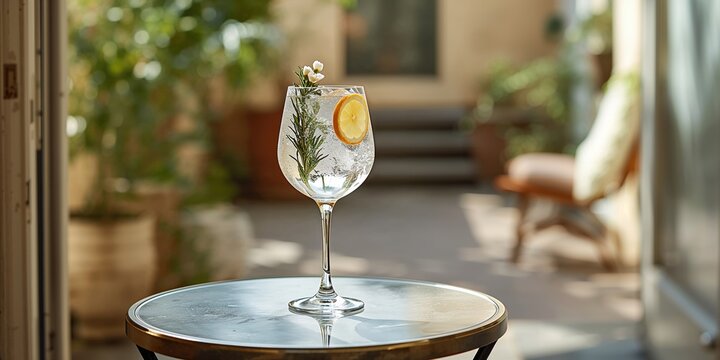 Gin tonic cocktail with lemon and blooming rosemary, served on a small table, fresh ingredients, World Water Day - Powered by Adobe