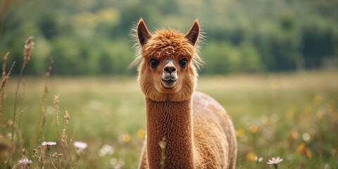 Naklejka premium Alpaca with soft fleece in a natural setting, highlighting sustainable fiber practices, World Wool Day