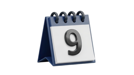 Desktop Flip Calendar Showing Number 9 with Dark Blue Base and White Paper Pages on a Transparent Background