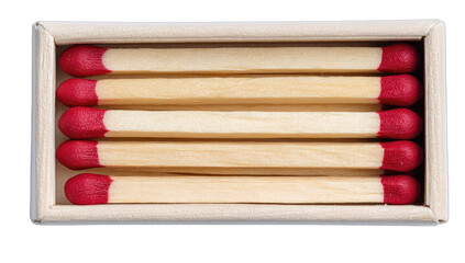 Five safety matches with red tips neatly arranged in a wooden box