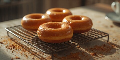 Homemade baked donuts with glaze cooling on wire rack, highlighting baking technique, World Food Day