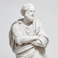 AI-generated image - A classical white marble statue of the ancient Greek statesman and orator Demosthenes in a serious, contemplative pose with crossed arms, isolated on a white background.
