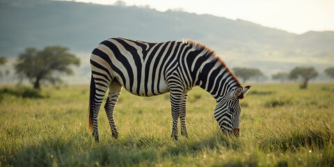 Naklejka premium Zebra feeding on lush grass in open plain, highlighting animal behavior