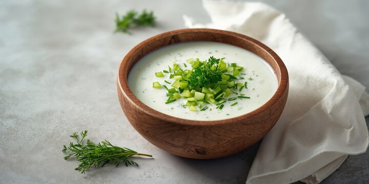 Okroshka, a traditional Russian cold soup made with yogurt, cucumber, and herbs