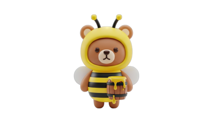Cute Cartoon Brown Bear Wearing A Bee Costume Holding A Pot Of Honey With Wings And Antennae On A Transparent Background