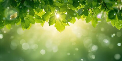 Obraz premium Rainy season foliage with sunlight filtering through leaves, seasonal greenery