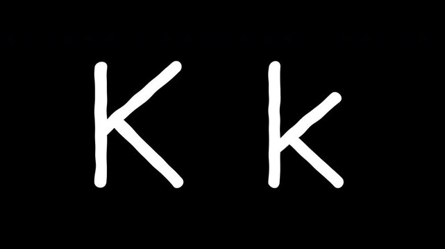 Letter K uppercase and lowercase scribble animated on transparent background. White alphabet K messy line motion graphic with alpha channel.