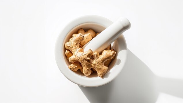 Dry organic ginger in a ceramic mortar and pestle showcasing natural ingredients for herbal remedies, World Health Day