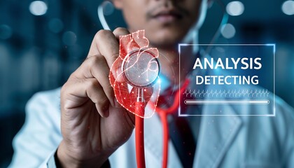 Doctor hand with stethoscope analyzing virtual heart hologram with artificial intelligence technology, digital healthcare cardiology diagnosis concept and medical data analysis interface.