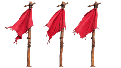 Three weathered, tattered red flags on wooden poles, isolated on a black background