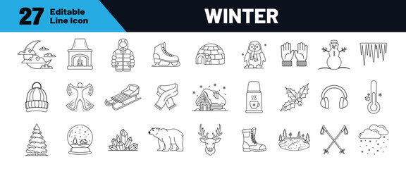 Winter line icon set. Containing snowman, snowflake, scarf, sleigh, sweater, ice, fireplace and more. Editable stroke icons. Vector illustration.